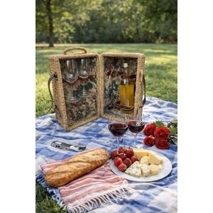Vintage Wicker‎ Picnic Basket for Two Wine Tote Glasses Corkscrew Picnic Date